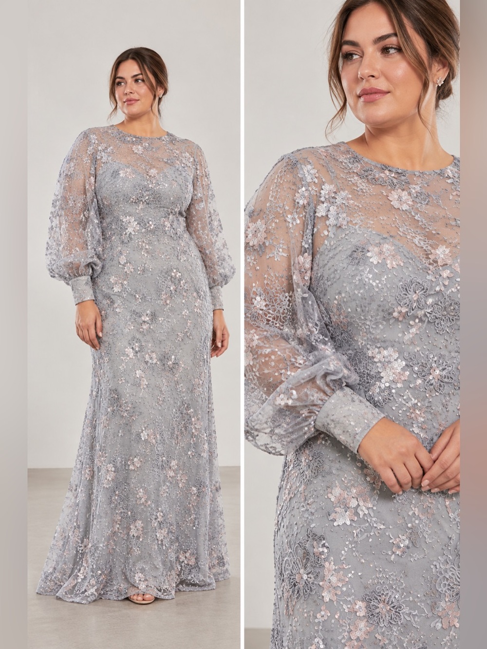 Mac Duggal Size 18 Gray Embellished Illusion Long Sleeve Formal Gown Dress
67936